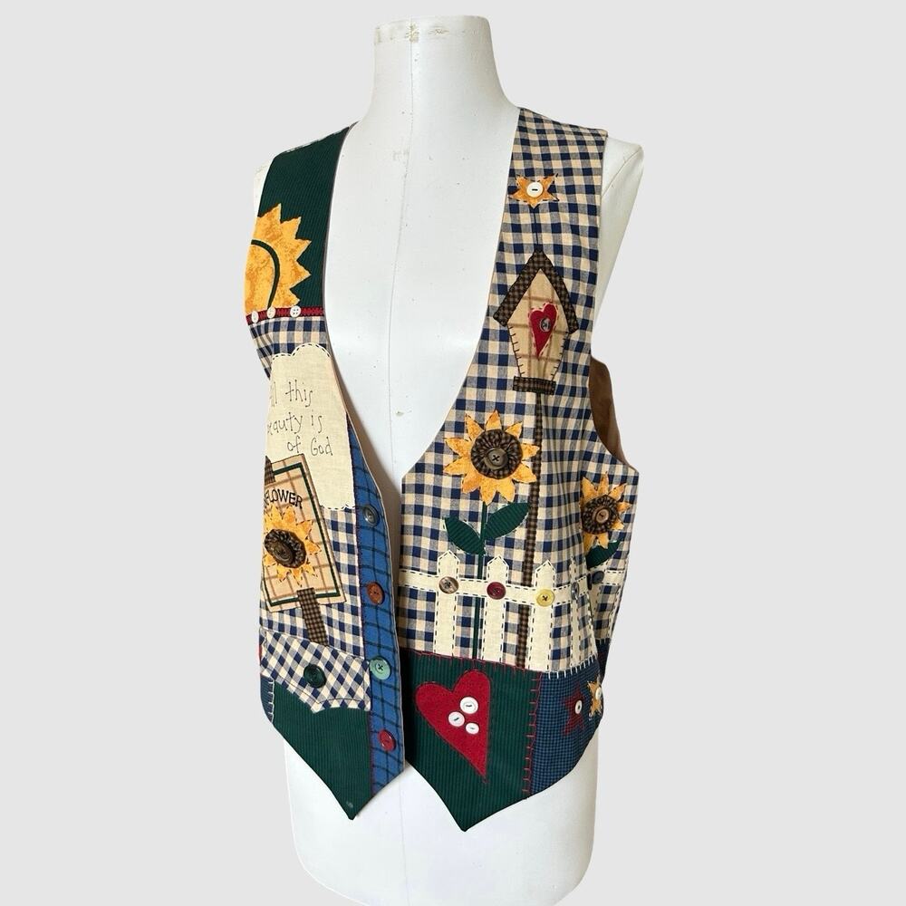 Handmade Vintage Patchwork Vest Womens XL Folk Art Sunflower Gingham Cottagecore